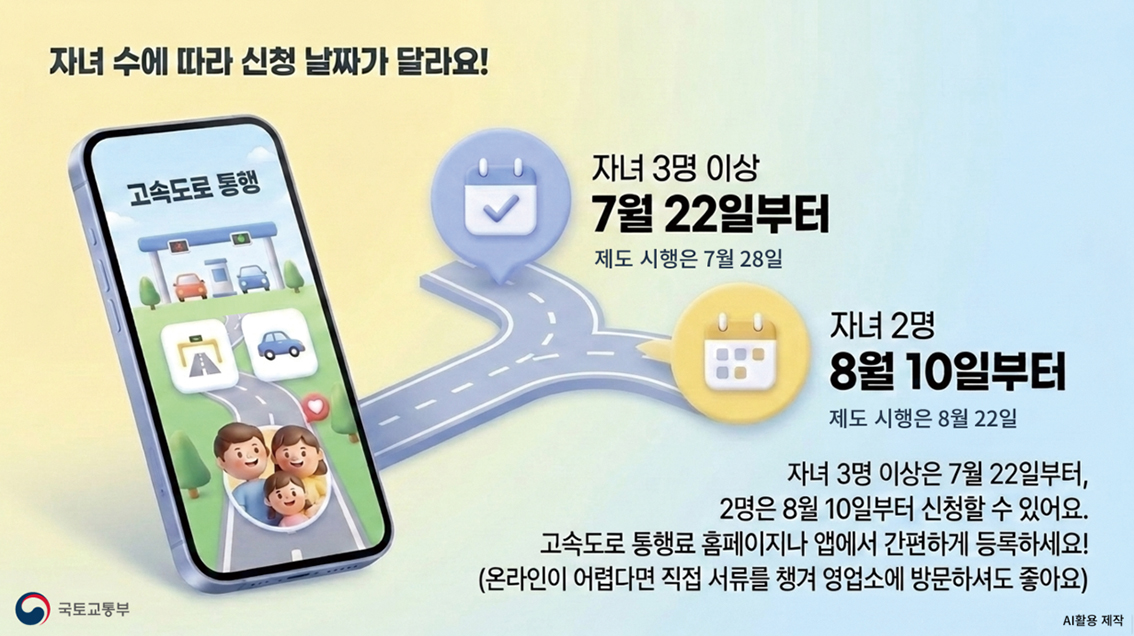 다자녀가구는 주말과 공휴일 고속도로 통행료를 할인
