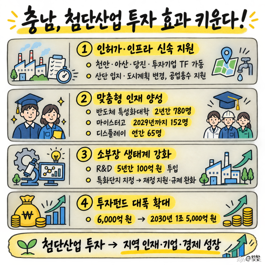 1. 인허가/인프라 신속 지원, 2. 맞춤형 인재 양성, 3. 소부장 생태계 강화, 4. 투자펀드 대폭 확대