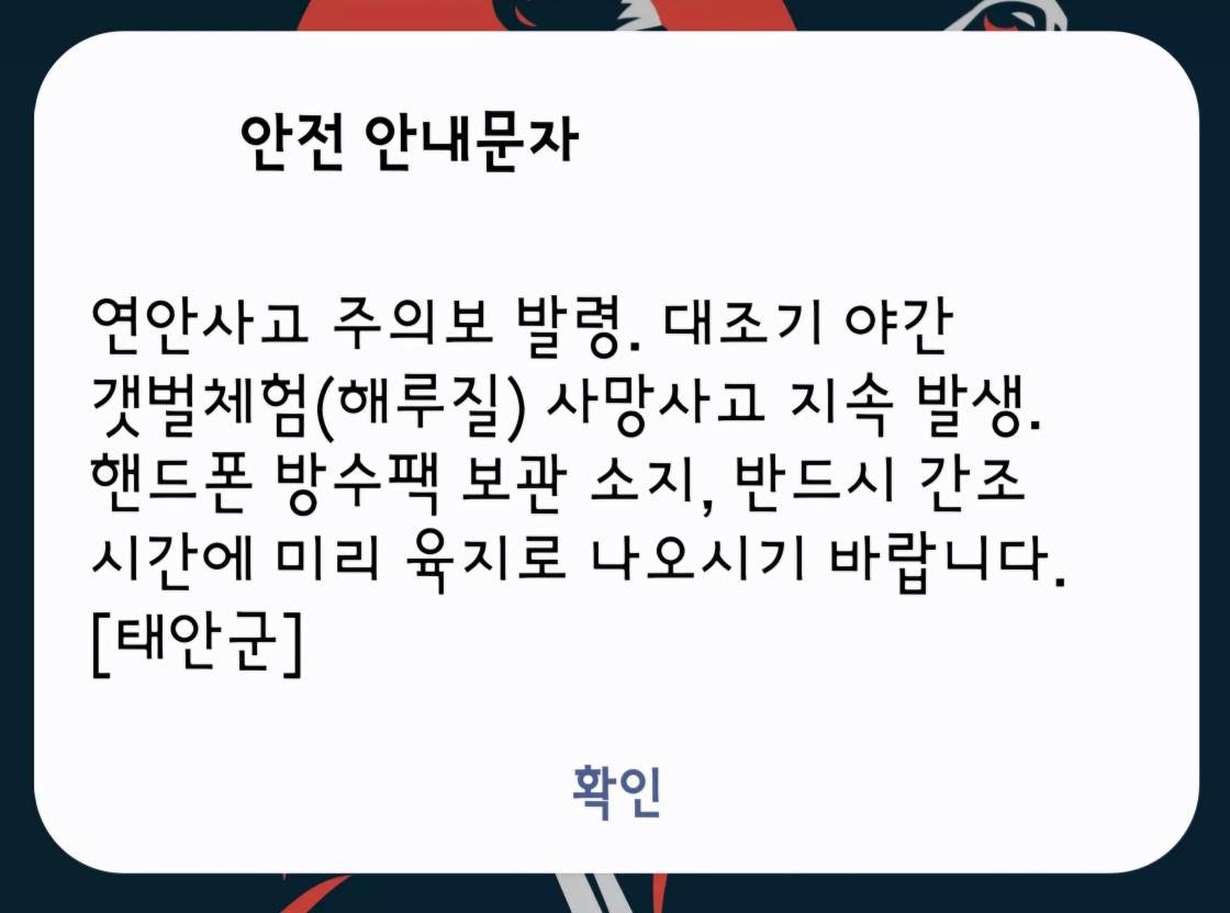 태안군이 지난 30일 태안군민들에게 보낸 안전안내문자. 대조기로 인한 야간 해루질을 경고하는 내용이 담겨 있다. 