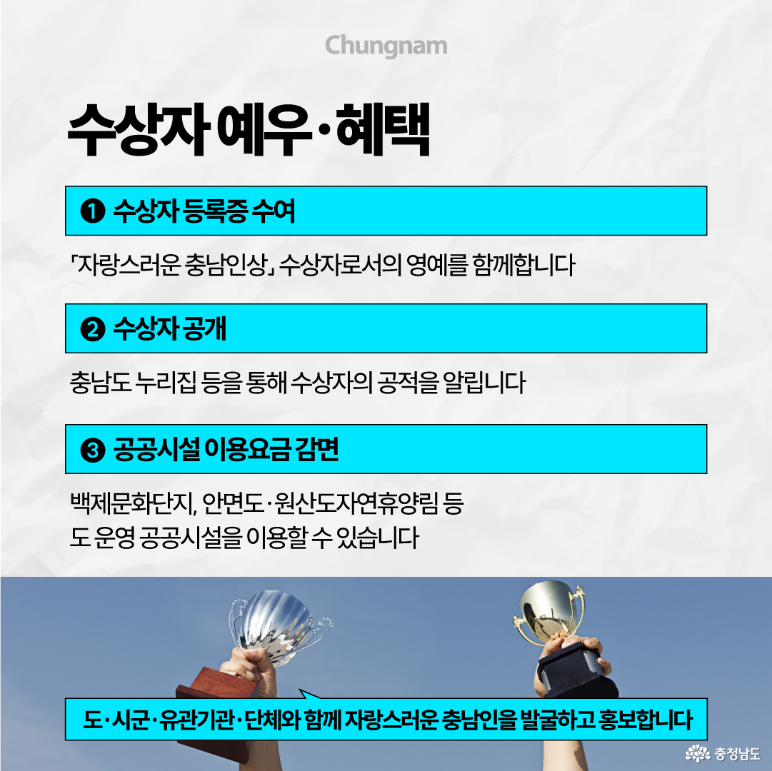 &lsquo;수상자 예우&middot;혜택&rsquo;이라는 제목 아래 세 가지 혜택이 청록색 박스로 구분되어 있습니다. 수상자에게 &lsquo;자랑스러운 충남인상&rsquo; 수상자로서의 영예를 담은 등록증을 수여하고 충청남도 누리집 등을 통해 공적을 알리며, 백제문화단지와 안면도&middot;원산도자연휴양림 등 도 운영 공공시설의 이용요금을 감면한다고 안내합니다. 하단에는 두 사람이 각각 은색과 금색 트로피를 높이 들어 올린 모습과 함께 &lsquo;도&middot;시군&middot;유관기관&middot;단체와 함께 자랑스러운 충남인을 발굴하고 홍보합니다&rsquo;라는 문구가 있습니다.