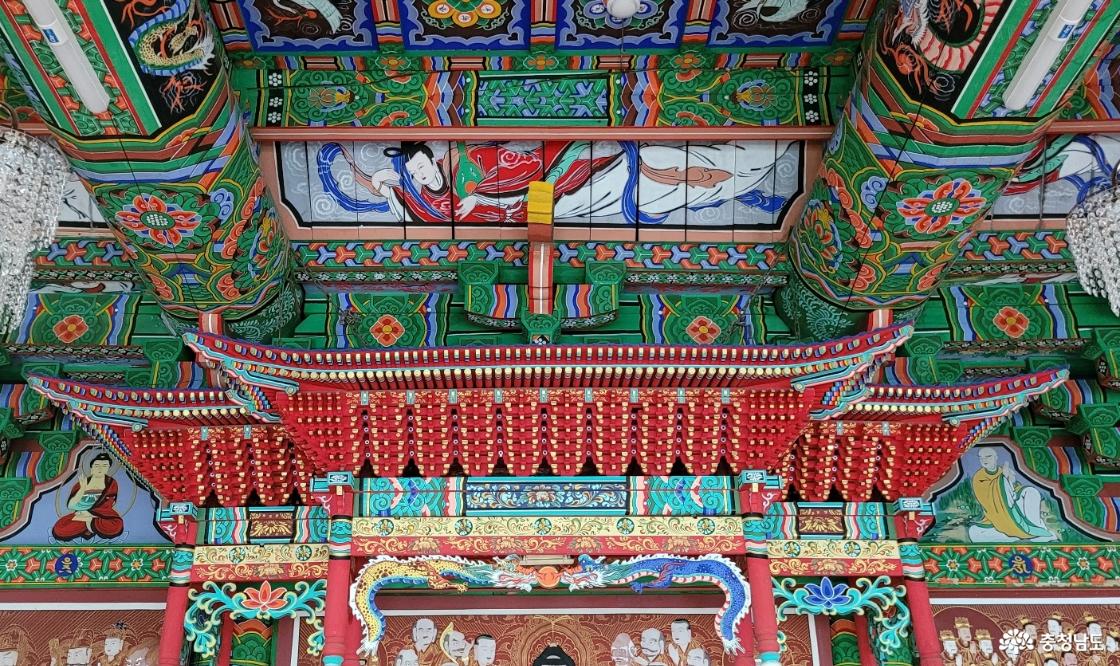 전통사찰 충남 당진 보덕사 대웅전의 화려한 단청과 불단의 닫집.