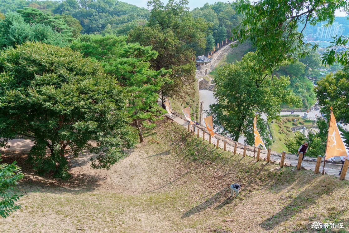 높은 성곽길에서 내려다본 공산성 금서루 방향의 성벽. 황색 깃발과 나무 난간을 따라 이어지는 가파른 길, 주변의 울창한 나무들.