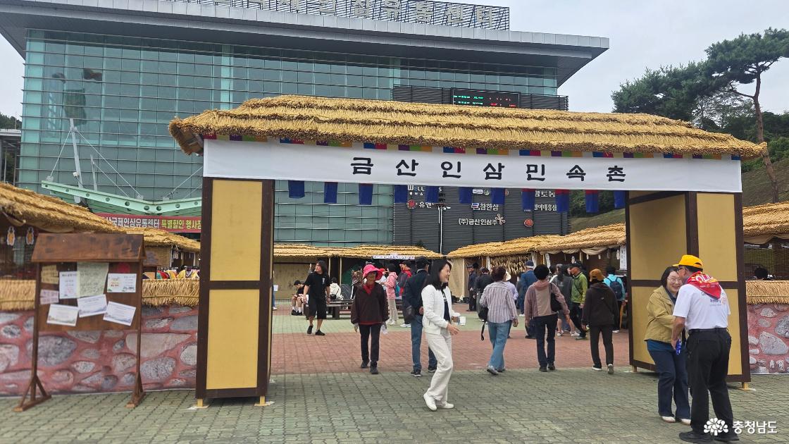 초가지붕 모양으로 꾸민 금산인삼민속촌 입구와 안쪽 체험 공간을 오가는 방문객들