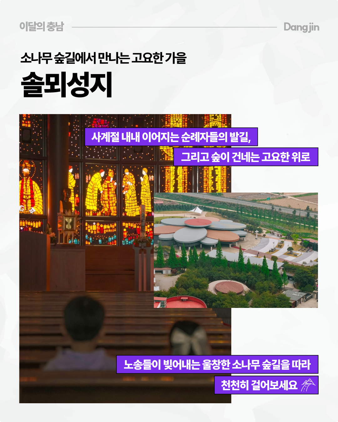 &lsquo;소나무 숲길에서 만나는 고요한 가을, 솔뫼성지&rsquo;를 소개하며 화려한 색의 스테인드글라스가 빛나는 실내와 솔뫼성지 전경을 담았습니다. 사계절 이어지는 순례자의 발길과 숲이 전하는 고요한 분위기를 느끼며 천천히 걸어볼 수 있는 곳입니다.