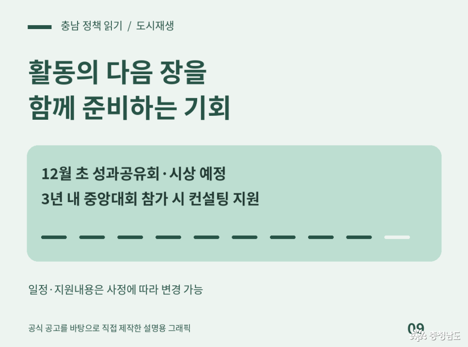 2026 충청남도 도시재생 주민참여 경진대회 후속 지원. 활동의 다음 장을 함께 준비하는 기회. 12월 초 성과공유회 및 시상 예정. 3년 내 중앙대회 참가 시 컨설팅 지원. 일정·지원내용은 사정에 따라 변경 가능. 공식 공고를 바탕으로 직접 제작한 설명용 그래픽.
