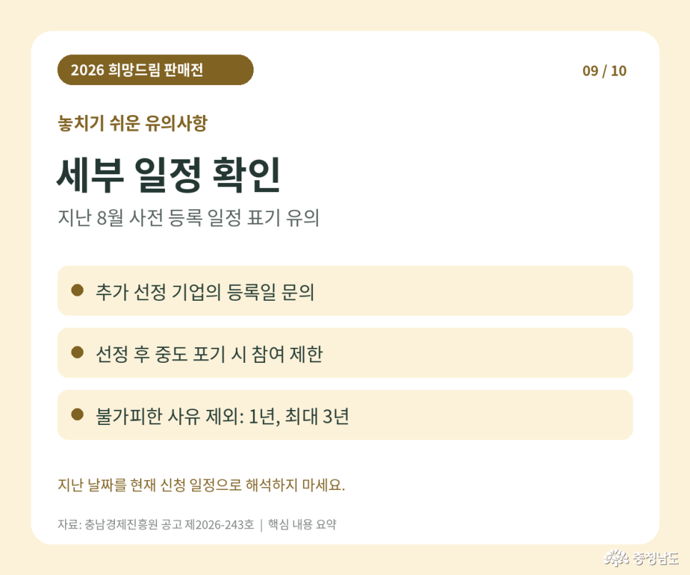 2026 희망드림 판매전 유의사항. 세부 일정 확인: 지난 8월 사전 등록 일정 표기에 유의, 추가 선정 기업의 등록일 문의. 지난 날짜를 현재 신청 일정으로 해석하지 않도록 주의. 선정 후 중도 포기 시 참여 제한: 불가피한 사유 제외 1년, 최대 3년. 자료: 충남경제진흥원 공고 제2026-243호 핵심 내용 요약.