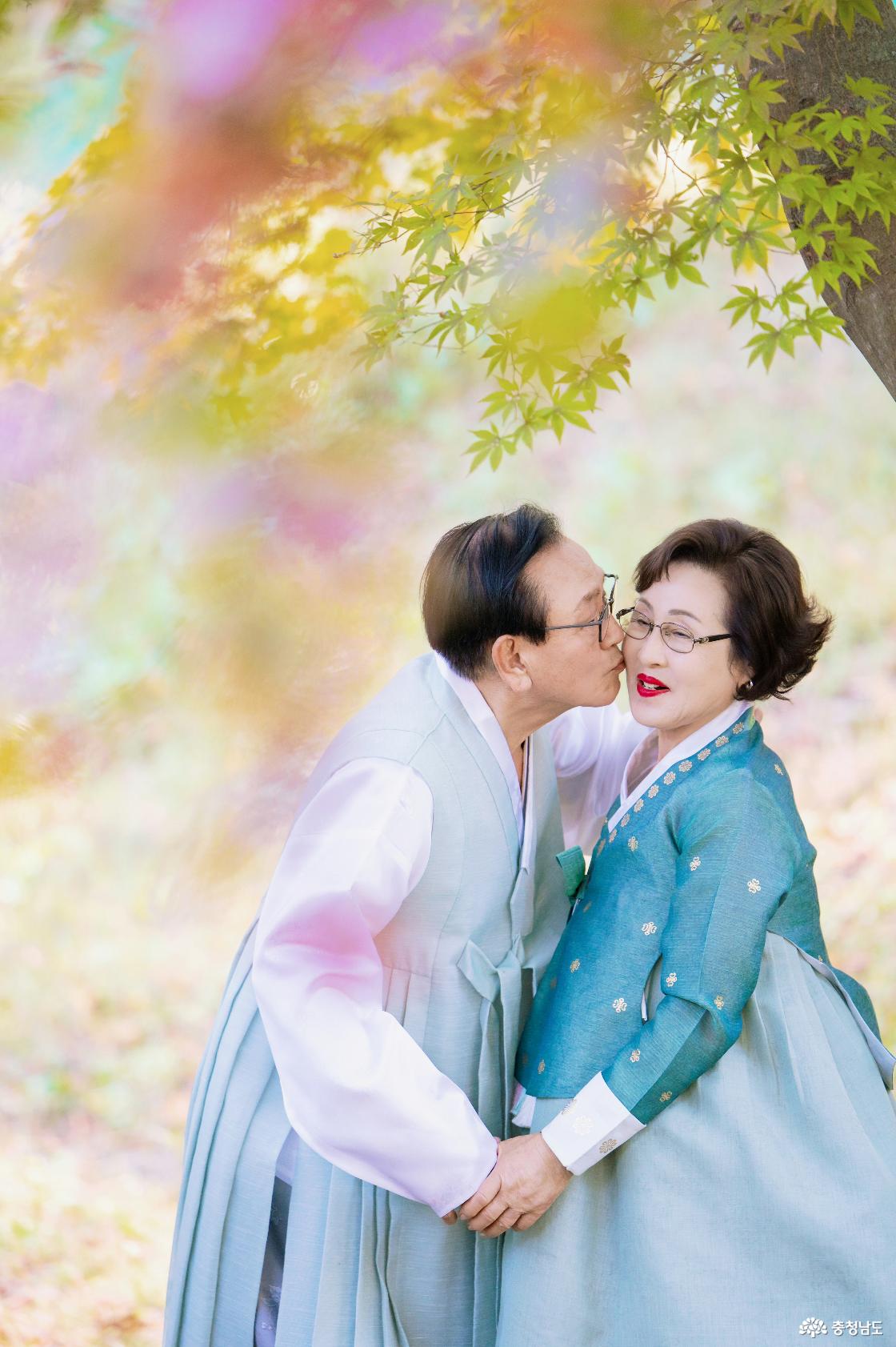 지난 17일 충남 서산시 지곡면 진충사에서 열린 행복사진 촬영에서 김동윤·표순남 부부가 손을 맞잡은 채 다정한 순간을 남기고 있다. 남편이 아내의 볼에 입을 맞추는 모습에서 오랜 세월 함께해온 부부의 애정이 느껴진다.