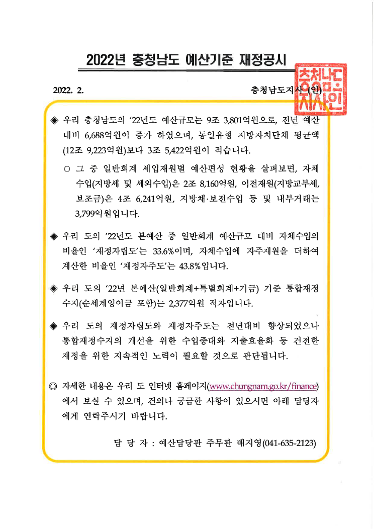 2022년 충청남도 재정공시(예산)