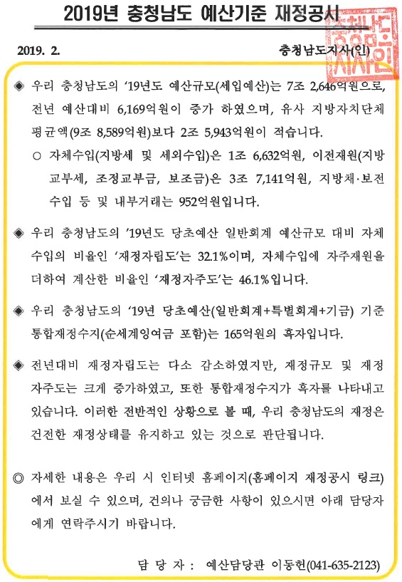 2019년 충청남도 재정공시(예산)