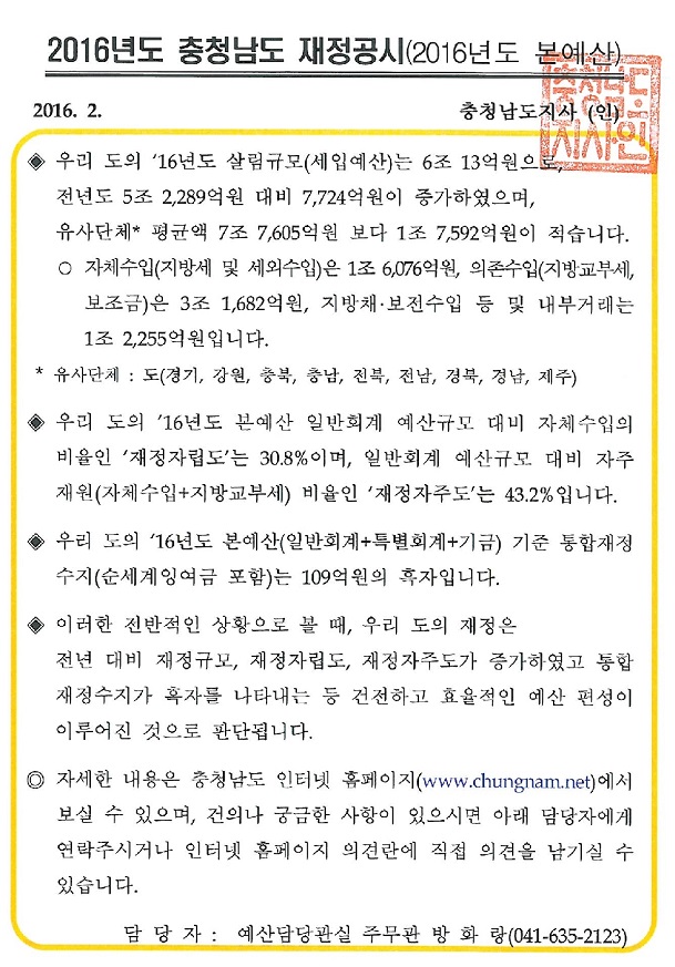 2016년 충청남도 재정공시(예산)